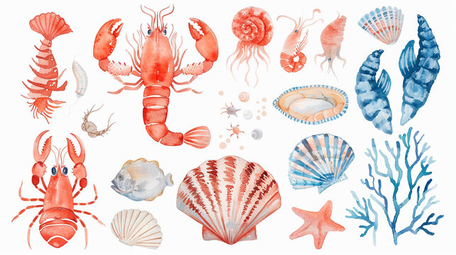 A set of whimsical watercolor designs inspired by the textures and colors of seafood,
