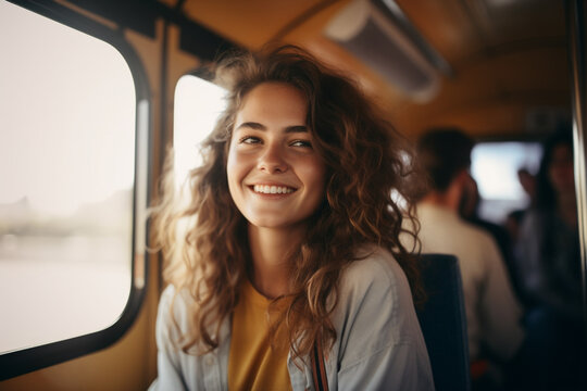 Young smiling woman holding onto a handle while traveling by public bus 