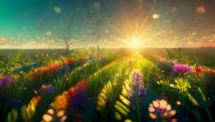 natural landscapes bathed in golden sunlight, erene and vibrant meadow with various wildflowers in full bloom - obrazy, fototapety, plakaty