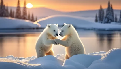 Fotobehang Arctic Connection: Two White Polar Bears Embrace, Touching Paws in Snowy Wilderness © Faiza
