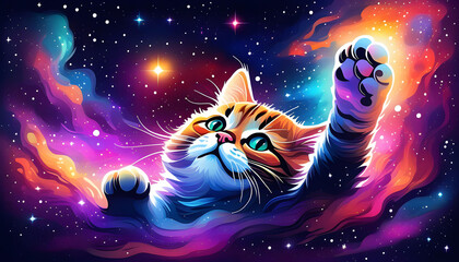 An illustration of a cat floating in outer space with a dreamy background