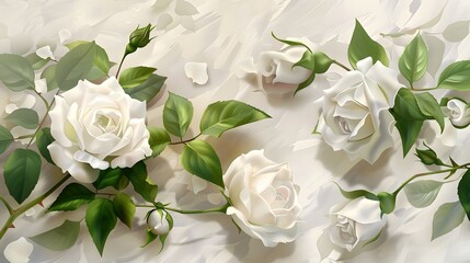 Ethereal Elegance: A Symphony of White Roses and Green Leaves on Light Canvas