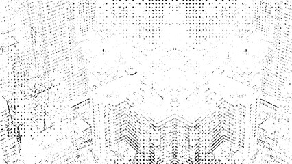 Pixel disintegration, decay effect. Various rectangular elements made of round shapes. Pixel city view background.