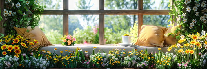 Fototapeta na wymiar Vibrant Window Garden Bursting with Colorful Flowers, Capturing the Essence of Spring