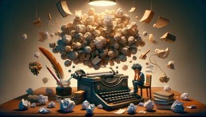 A Writer's Overwhelmed by Creative Chaos at a Cluttered Desk - obrazy, fototapety, plakaty