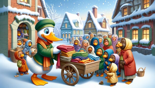 Christmas Market Scene with Duck Characters in a Snowy Village