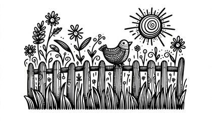 Black and White Illustration of Whimsical Garden with Bird and Sun