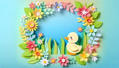 Colorful Paper Craft Duckling Surrounded by Spring Flowers