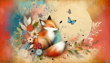 Obraz na płótnie Canvas Fox Surrounded by Flowers and Foliage in Artistic Illustration