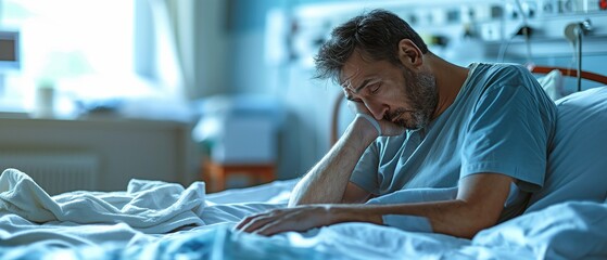 Desperate man, alone and distraught, sitting on a hospital bed - obrazy, fototapety, plakaty