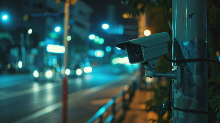 Surveillance camera and night street in blurred background