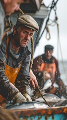 Obraz premium Fishermen decide on a fish-filled trawl.