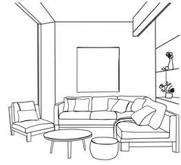 Interior design with modern living room in black sketch line