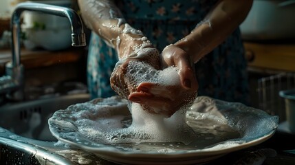 Close-up of hands washing a dish, soap suds visible. Homely atmosphere, daily routine. Focus on domestic life and chores. High-quality stock image. AI - obrazy, fototapety, plakaty