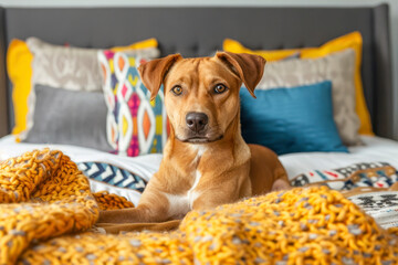 Happy ginger mixed breed dog in luxurious bright colors scandinavian style bedroom with king-size bed.