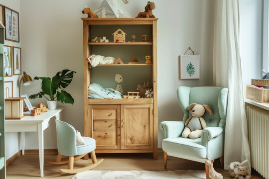 Interior design of scandinavian childroom with wooden cabinet, mint armchair, white desk, a lot of plush and wooden toys.