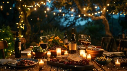Fototapeta na wymiar Elegant outdoor dinner setting with twinkling fairy lights, candles, and a bottle of wine at dusk