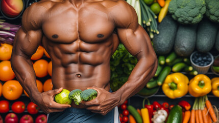 A man is holding up a bunch of broccoli and a lime. The image conveys a healthy and active lifestyle, as the man is surrounded by a variety of fruits and vegetables - obrazy, fototapety, plakaty