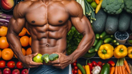 Deurstickers A man is holding up a bunch of broccoli and a lime. The image conveys a healthy and active lifestyle, as the man is surrounded by a variety of fruits and vegetables © Nataliia_Trushchenko