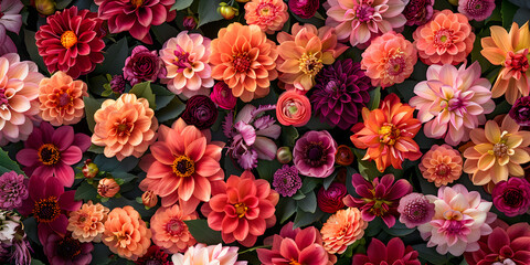 The picture contains a variety of flowers, including different types of Flowering plants such as Pink Roses, Groundcover plants, and Annual plants from the Rose family - obrazy, fototapety, plakaty