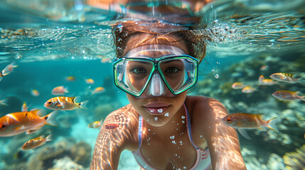 Woman with mask or goggles snorkeling underwater on a beach or sea with clear water, turquoise water, tropical fish, scuba diving. - obrazy, fototapety, plakaty