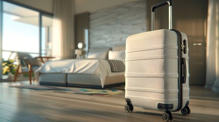 Modern suitcase in a luxury hotel room. Symbolizing travel readiness and leisure. Bright, contemporary style with minimalist design. Hospitality and travel concept image. AI