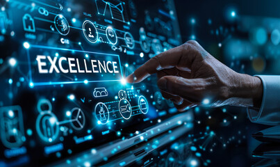 Business Professional Engages with Virtual Excellence Framework Indicating Superior Performance and Quality Metrics