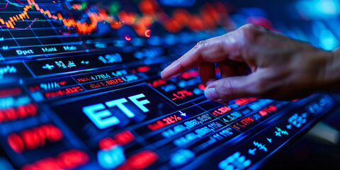 Fototapeta na wymiar Investment Analyst Touches Virtual ETF Sign over Stock Market Graph Indicating Exchange-Traded Fund Trading Analysis