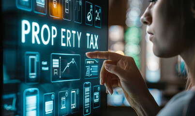 Financial Expert Analyzes Property Tax Implications Using Interactive Virtual Display with Focused Home Icon