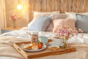 Wooden tray with breakfast on double bed in bohemian style bedroom. pastele colours in apartment interior.