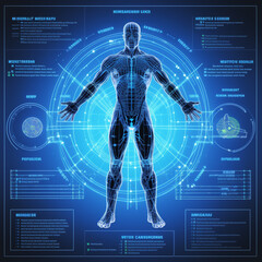 3d rendered illustration of a technology human body analytic, x-ray human body on visual screen. 