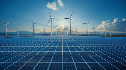 Solar cell and wind turbines energy in power station alternative energy from nature