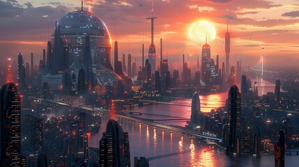 Sci-Fi Cityscape at Sunset