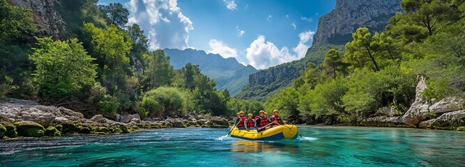 At Goynuk, Turkey, individuals are rafting down the Blue Water Canyon in inflatable boats. - obrazy, fototapety, plakaty