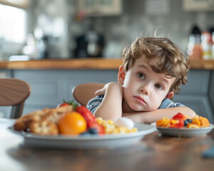 A little kid looks at a plate of food on the breakfast table, refusing to eat, - obrazy, fototapety, plakaty