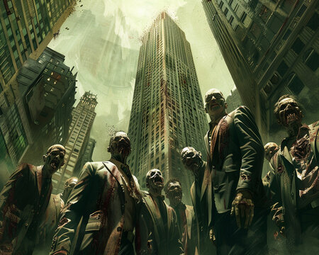 A group of zombie businessmen, dressed in tattered suits, congregating in front of a crumbling skyscraper,