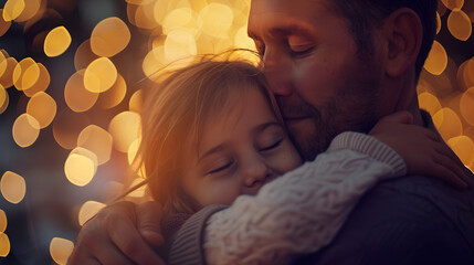 Tender Embrace - Father Hugging Daughter with Love, Celebrating Fatherhood on Father's Day, Warm Bokeh Lights Background. - obrazy, fototapety, plakaty