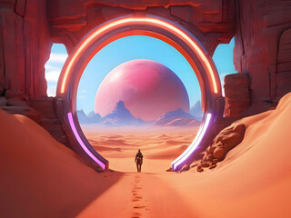 A Portal With A Futuristic Theme And Shimmering Lights, To Another World, Opens Up In The Desert