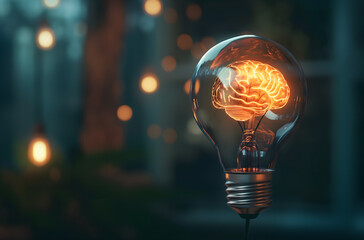 Glowing Brain Inside a Light Bulb - Conceptual Illustration of Ideas and Innovation - obrazy, fototapety, plakaty
