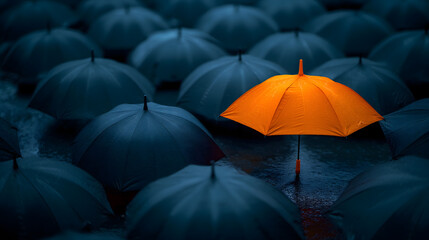 Stand Out in a Crowd: A Lone Orange Umbrella Among Black Ones