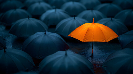 Obraz premium Stand Out in a Crowd: A Lone Orange Umbrella Among Black Ones