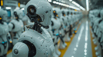 Fototapeta premium a Textile manufacturing where robots workers winding thread, sewing, stripping