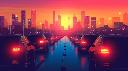 silhouette of a back view highway in the city with many cars on city skyline background, vibrant bright colors, realistic illustrations