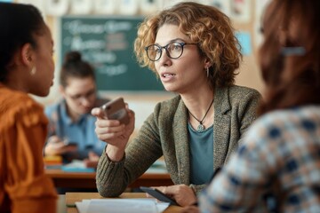 Senior teacher scolding student over phone use. Senior teacher expresses disapproval to a student distracted by a mobile phone during class