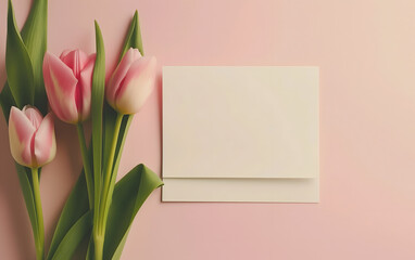 Elegant Pink Tulips with Blank Card on Pastel Background for Spring Celebrations
