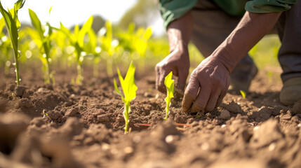 A man is planting a seedling in the dirt. Concept of growth and nurturing, as the man carefully places the seedling in the soil. The act of planting a seedling symbolizes the beginning of a new life
