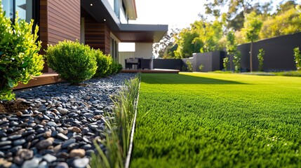 front yard landscaping: contemporary lawn turf with wooden edging and artificial grass clean design and boundary decoration