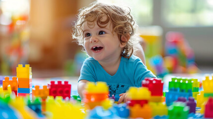 Child's Creative Exploration: Building a Tower with Colorful Blocks, Early Learning and Fine Motor Skills Development in Playful Education