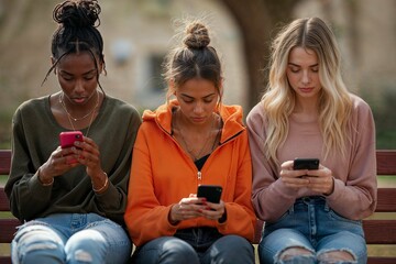 Three women engrossed in smartphones on a bench outdoors. Friends focused on their phones instead of conversation in a park setting - obrazy, fototapety, plakaty