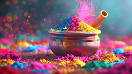 Vibrant Holi Festival Colors Exploding from Traditional Pot - obrazy, fototapety, plakaty